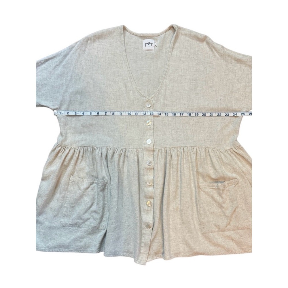 Polly Oatmeal 100% Cotton Textured Button Down Babydoll Peplum Tunic Top M/L - Picture 4 of 7